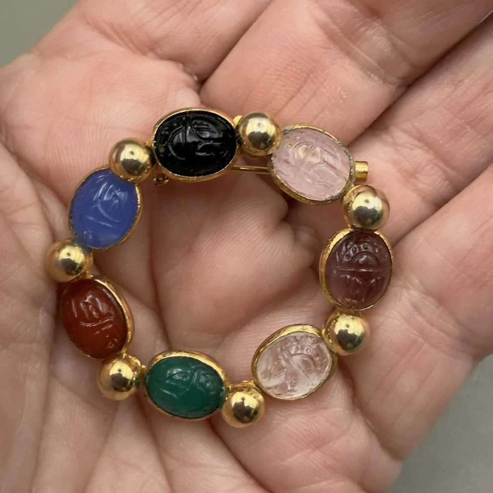 Vintage Gold Tone Scarab Circle Wreath Brooch Multicolor Carved Glass Egyptian